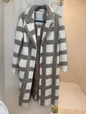 NVLT Plaid Long Trench Coat in White & Taupe